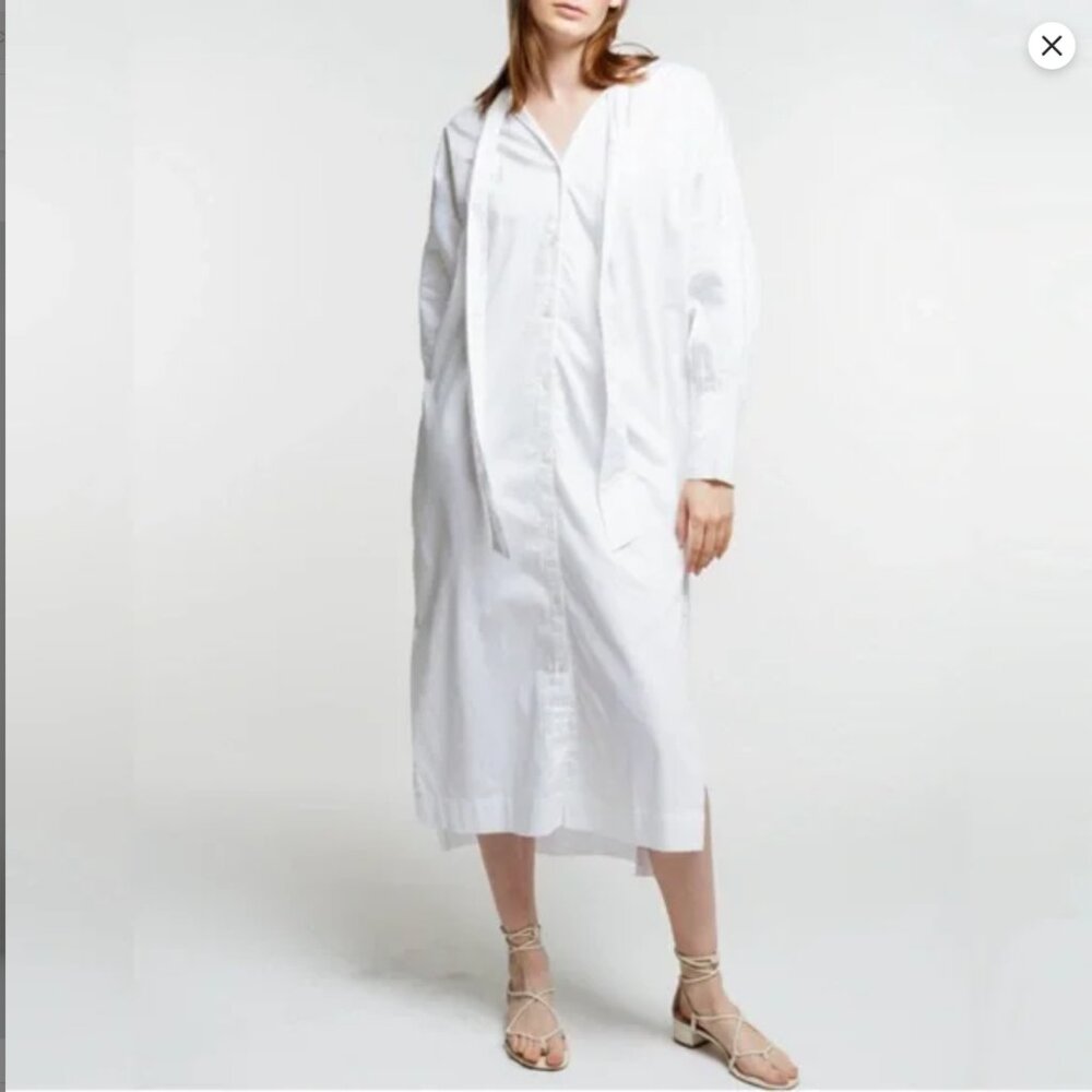 Nwt Laude The Label Dolores Side-Slit Tie-Neck Poplin Shirtdress White Xxs/Xs